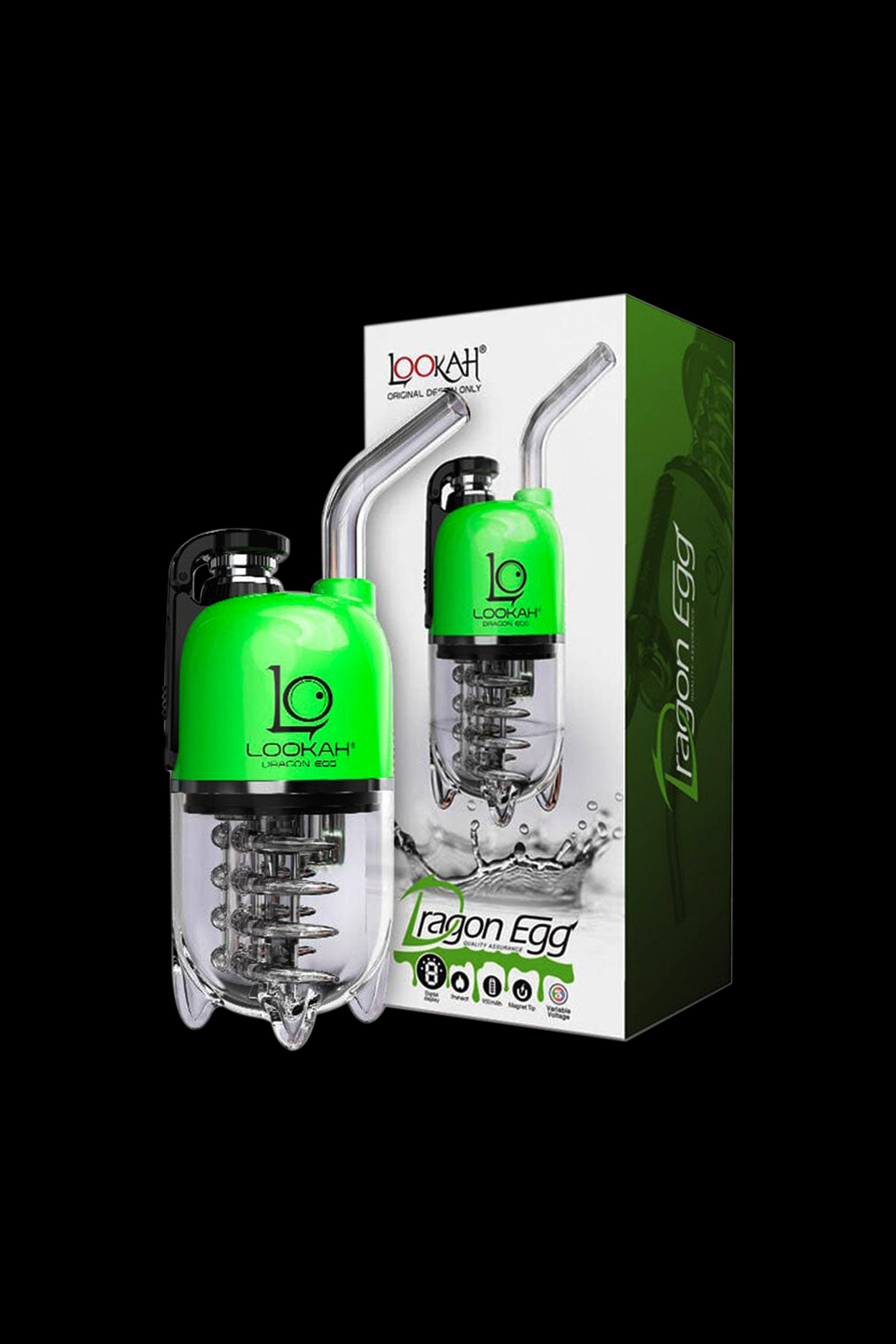A product shot of Lookah's Dragon Egg e-rigs and packaging, featuring a glowing green glass bubbler atop a compact, clear vaporization device.