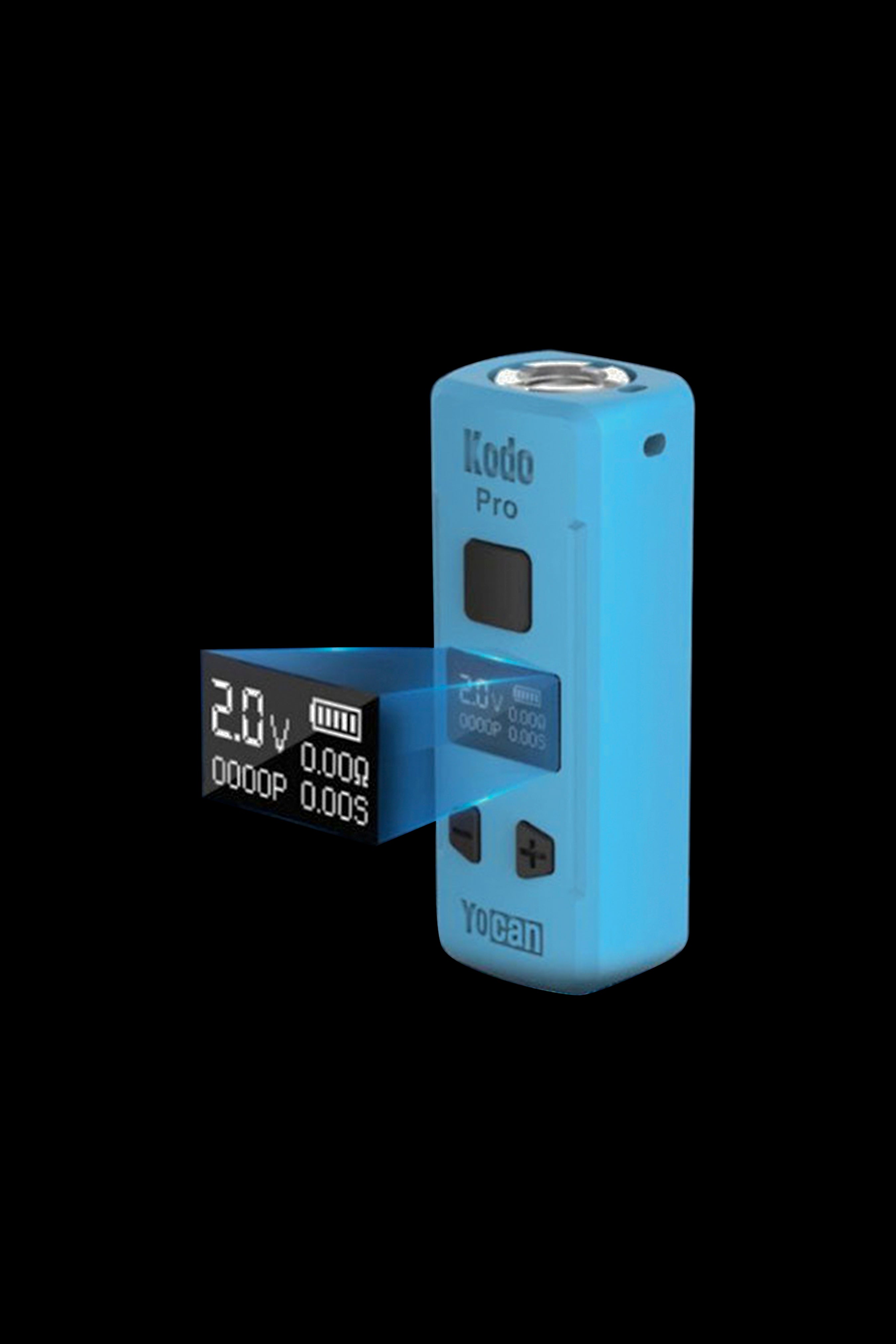 Blue Yocan Kodo Pro cannabis vape battery with digital display.