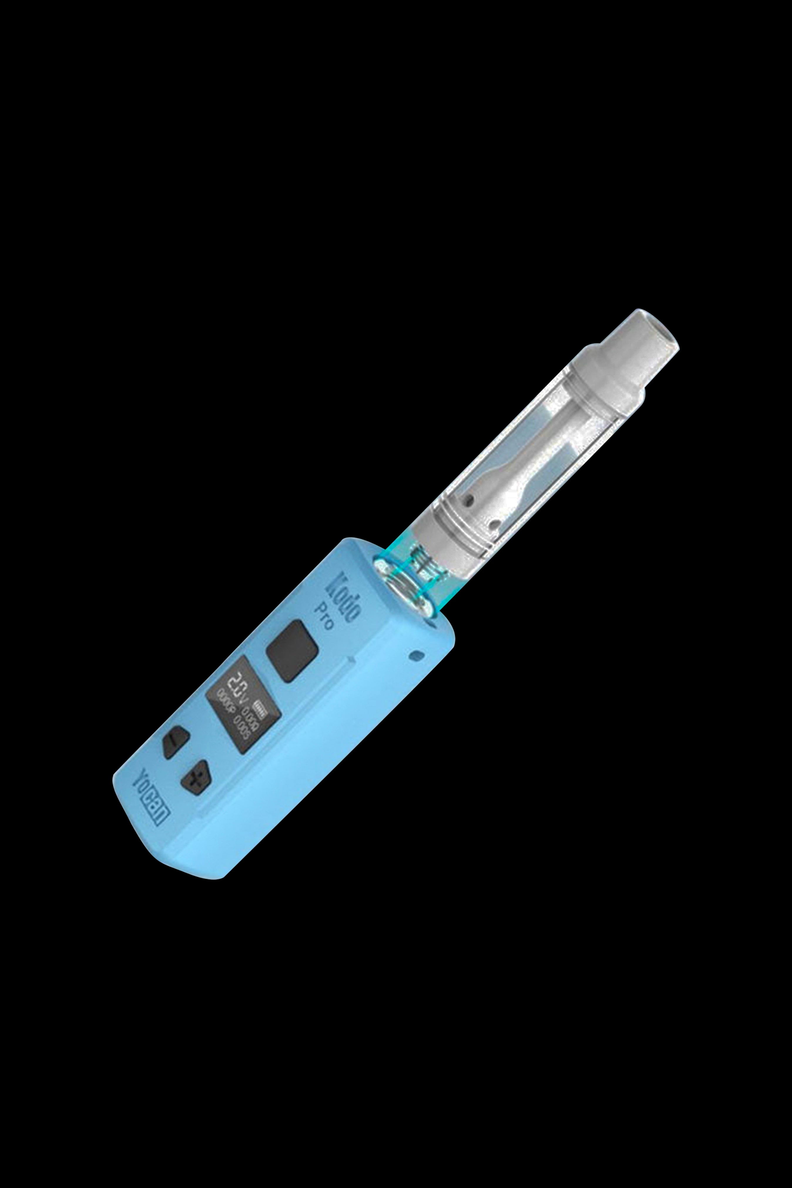 Blue Yocanto Pro cannabis vape pen with a glass cartridge.