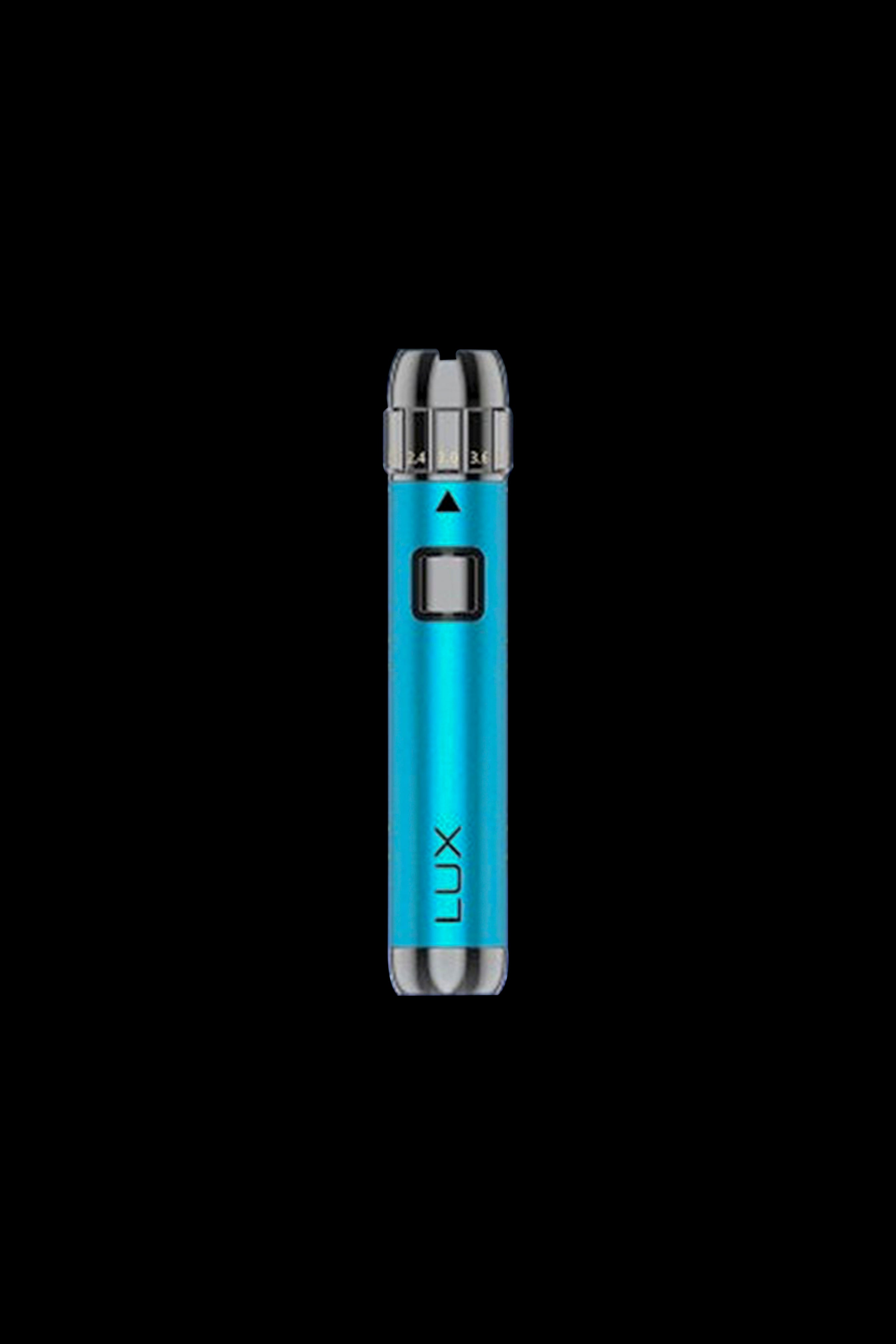 Blue cannabis vape pen with “LUX” branding.