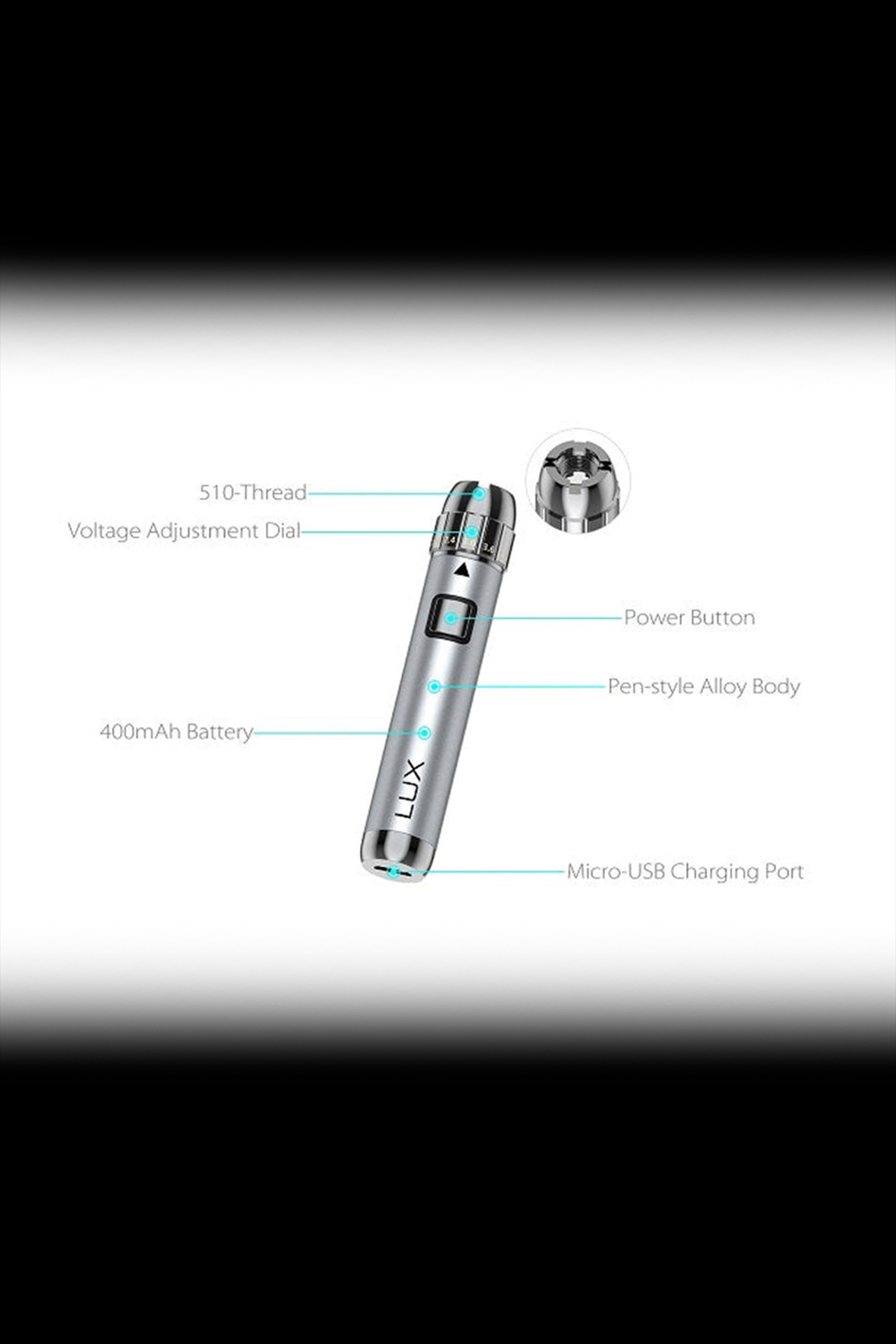 A detailed diagram of a sleek, pen-style cannabis vape battery with labeled components including a voltage adjustment dial, power button, 400mAh battery capacity, and micro-USB charging port.
