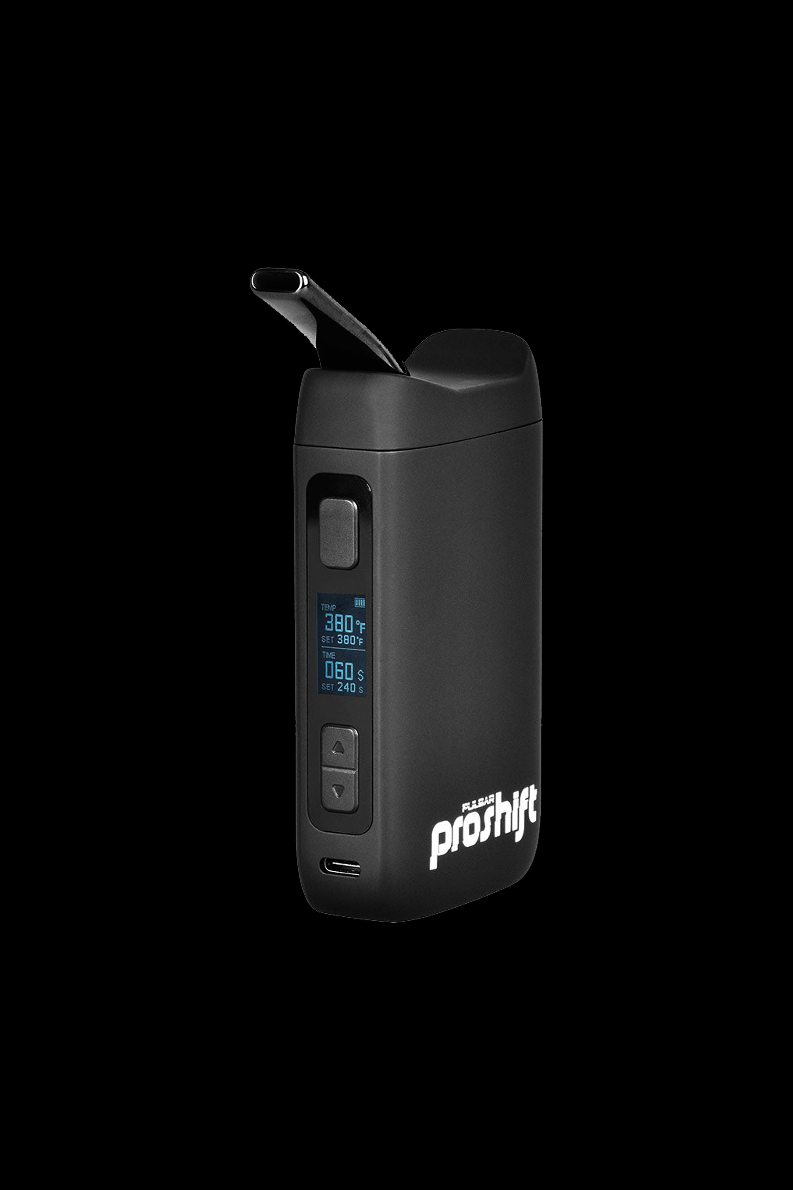 Black and silver cannabis vaporizer with a digital temperature display showing 380°F.
