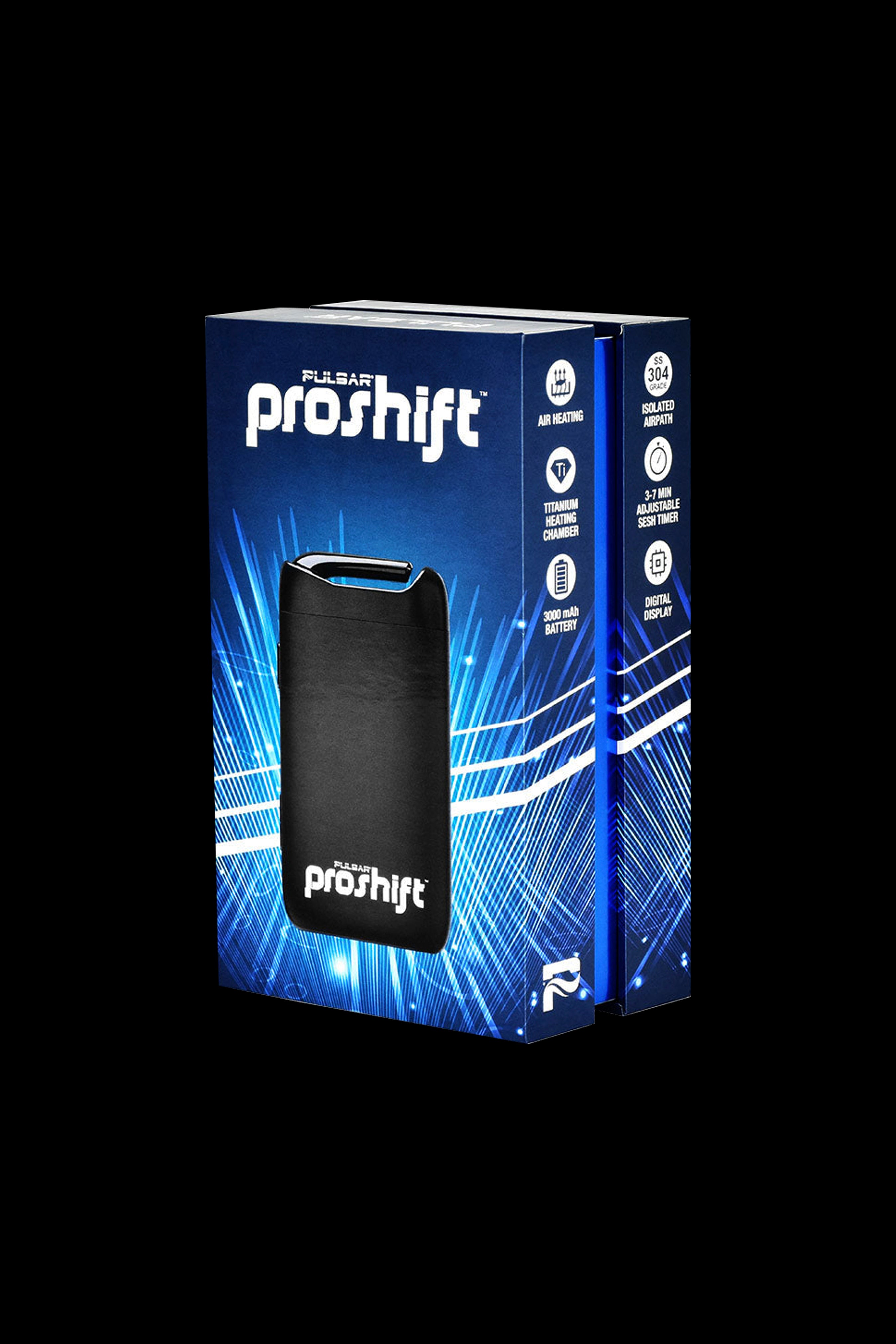 Product packaging for the Pulsar Proshift dry herb vaporizer, featuring a white device and listed features like air heating, a titanium chamber, and digital display.