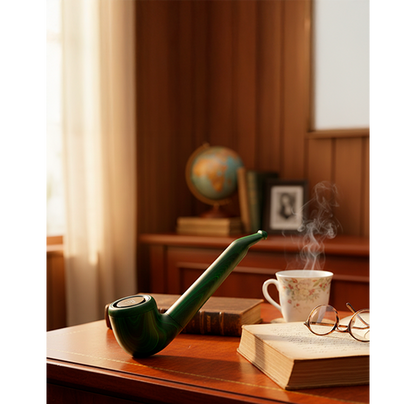 Angled close-up of a green Pulsar 510 DL Pipe Cartridge Vaporizer resting on a wooden desk beside an open book, steaming teacup, and reading glasses.
