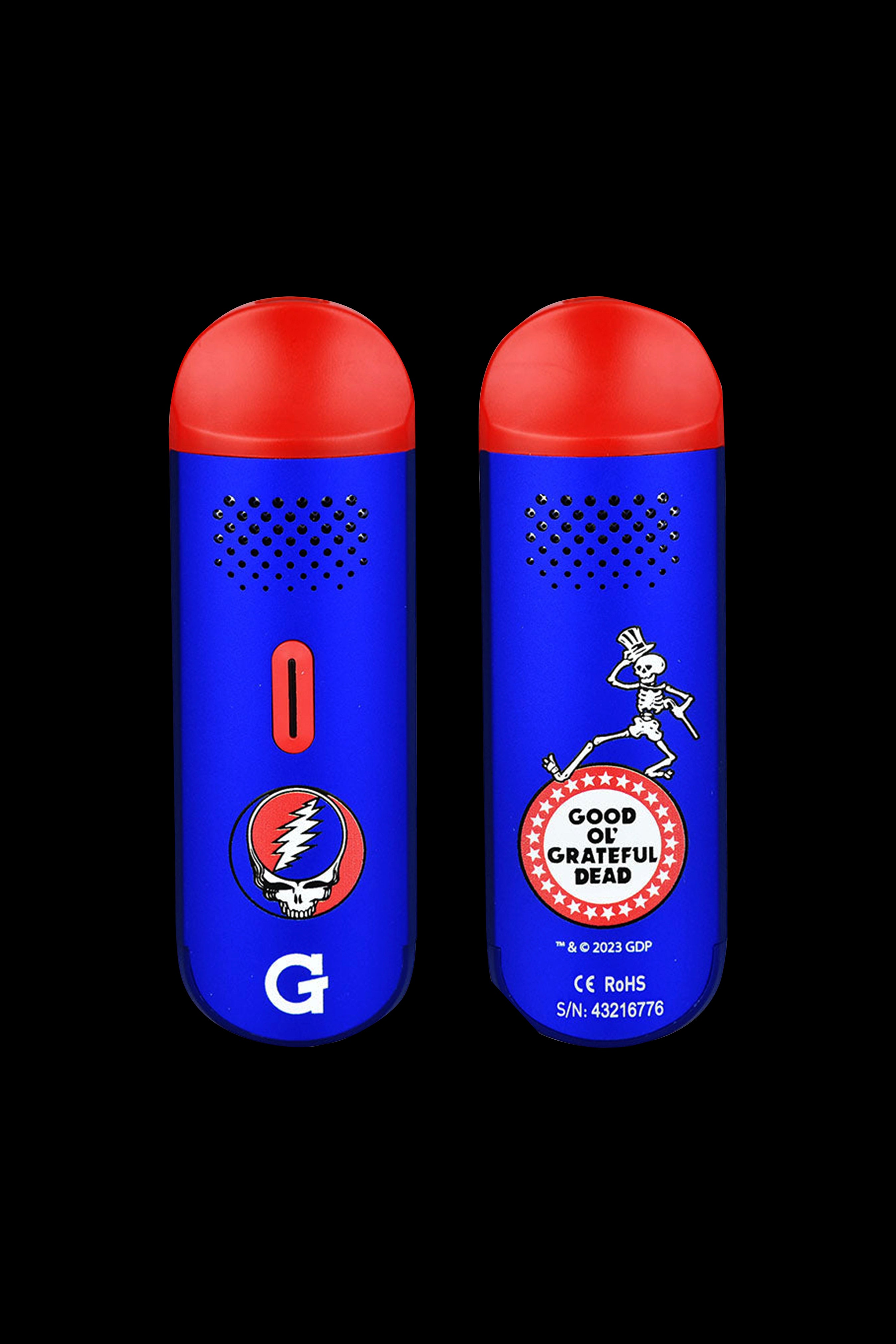 Two blue and red G Pen Dash vaporizers featuring Grateful Dead-themed decals.