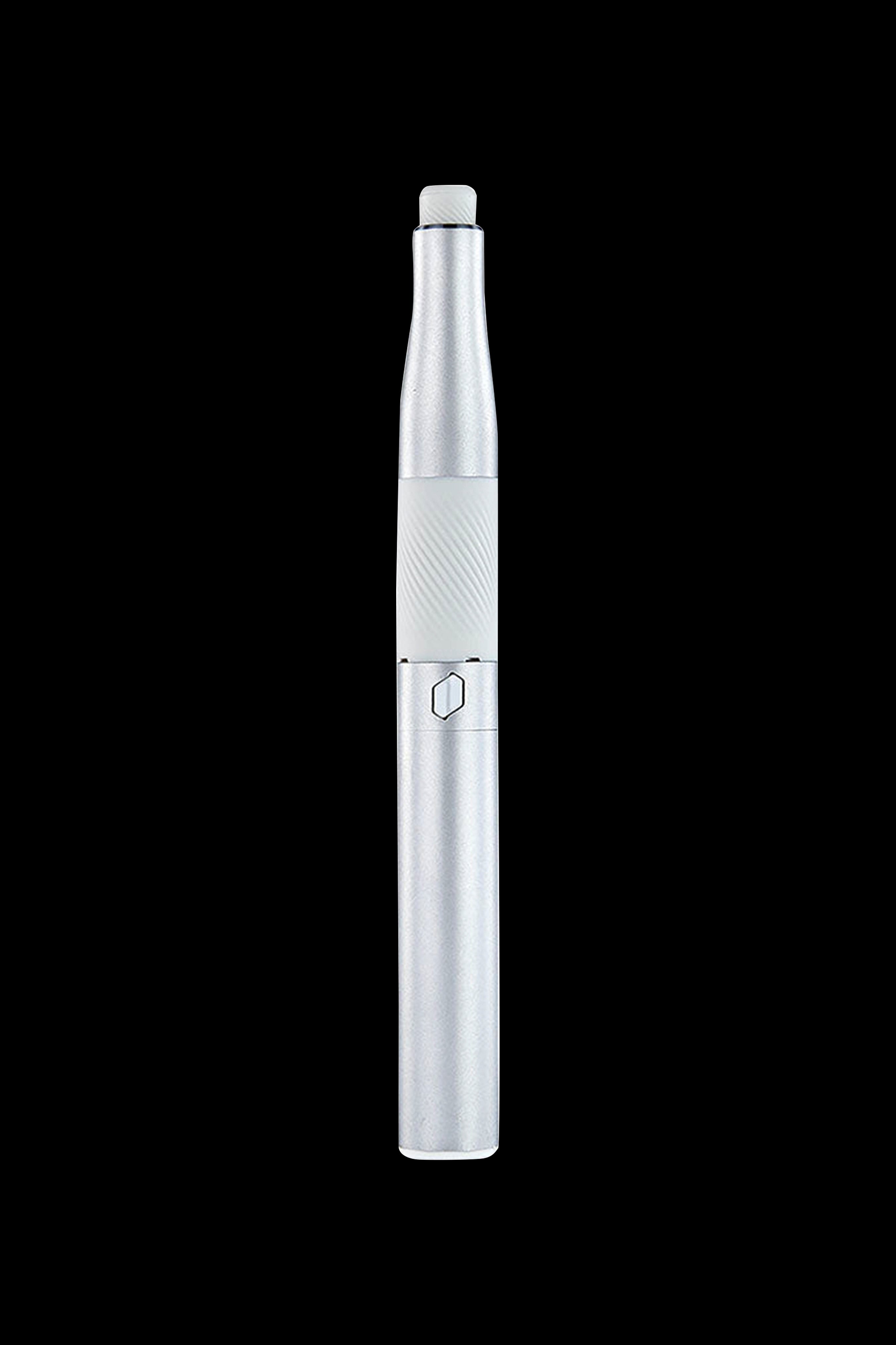 Silver cannabis vape pen on a black background.