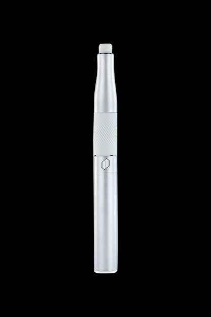 Silver cannabis vape pen on a black background.