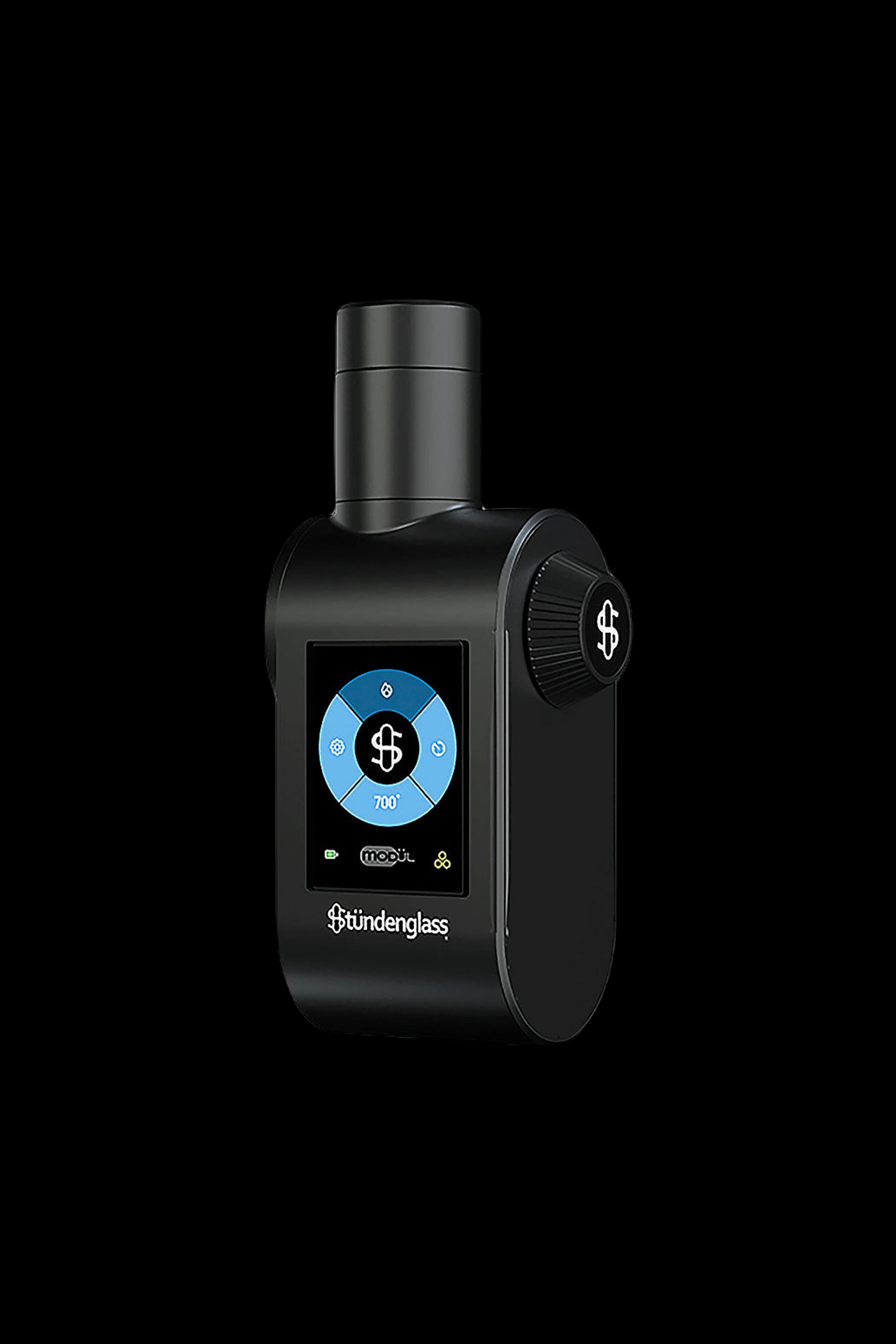 High-tech cannabis vaporizer with digital display and sleek black design.