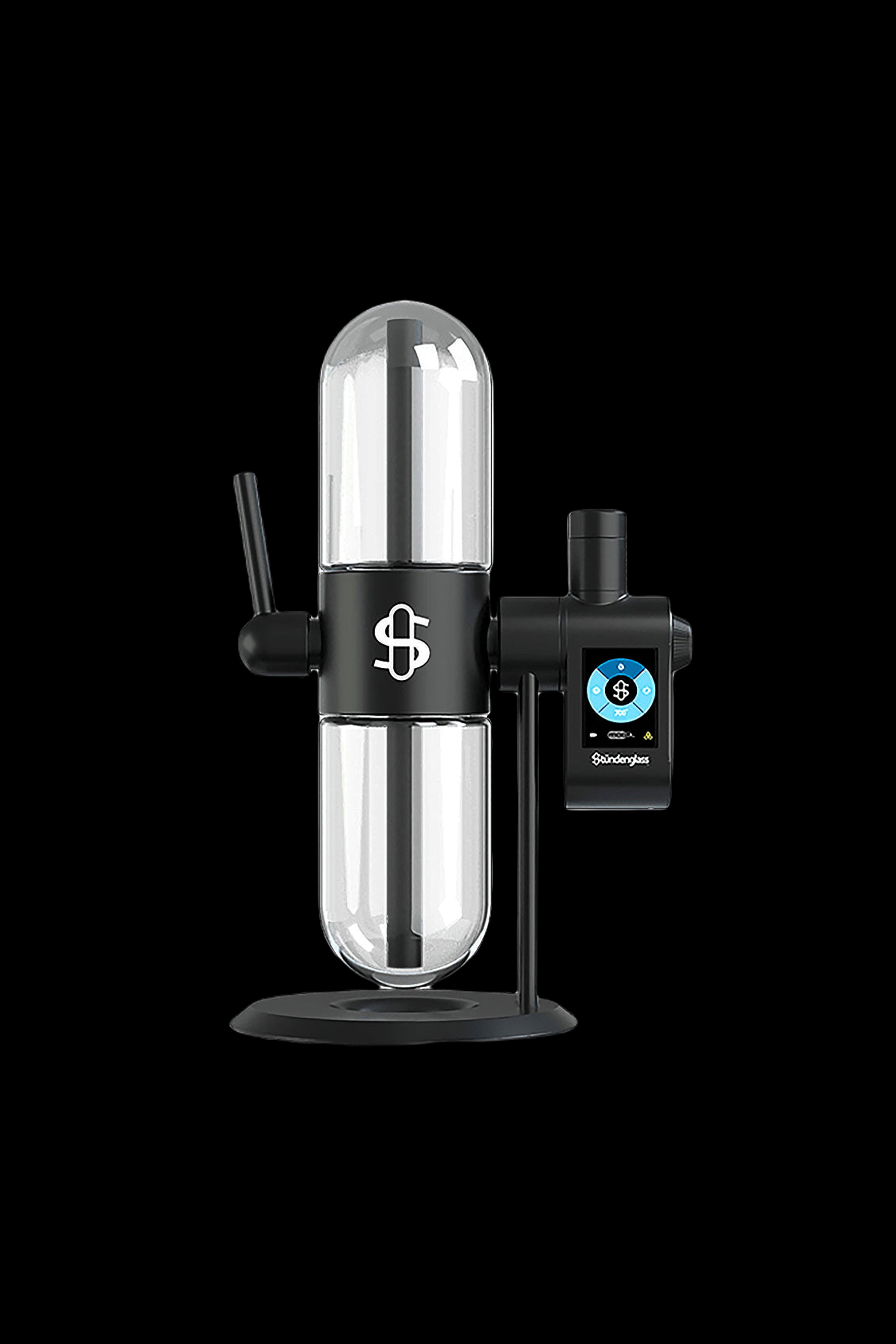 A sleek, transparent glass water pipe with black accents, featuring a digital display and branded with a dollar sign logo.