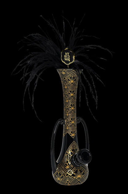 Art Deco-style glass water pipe with gold geometric patterns, displayed against a black background.