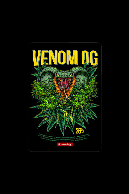 A vibrant poster advertising “Venom OG” cannabis strain, featuring a snake coiled around cannabis buds with glowing red eyes and text indicating a 26% THC level.