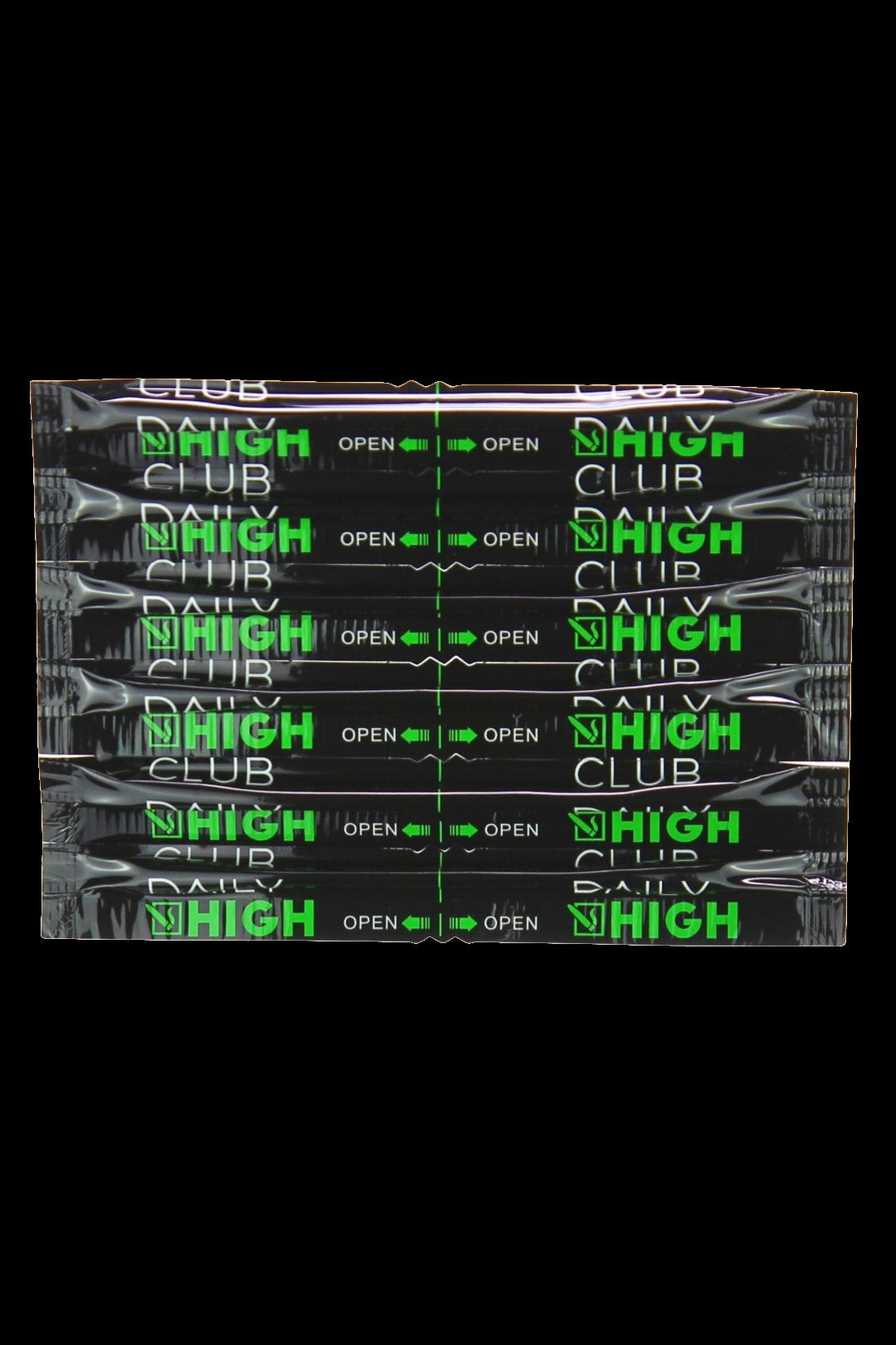 A vibrant, repeating pattern of “HIGH CLUB” and “OPEN” text overlaid on a reflective, iridescent surface, suggesting cannabis accessories or a dispensary.