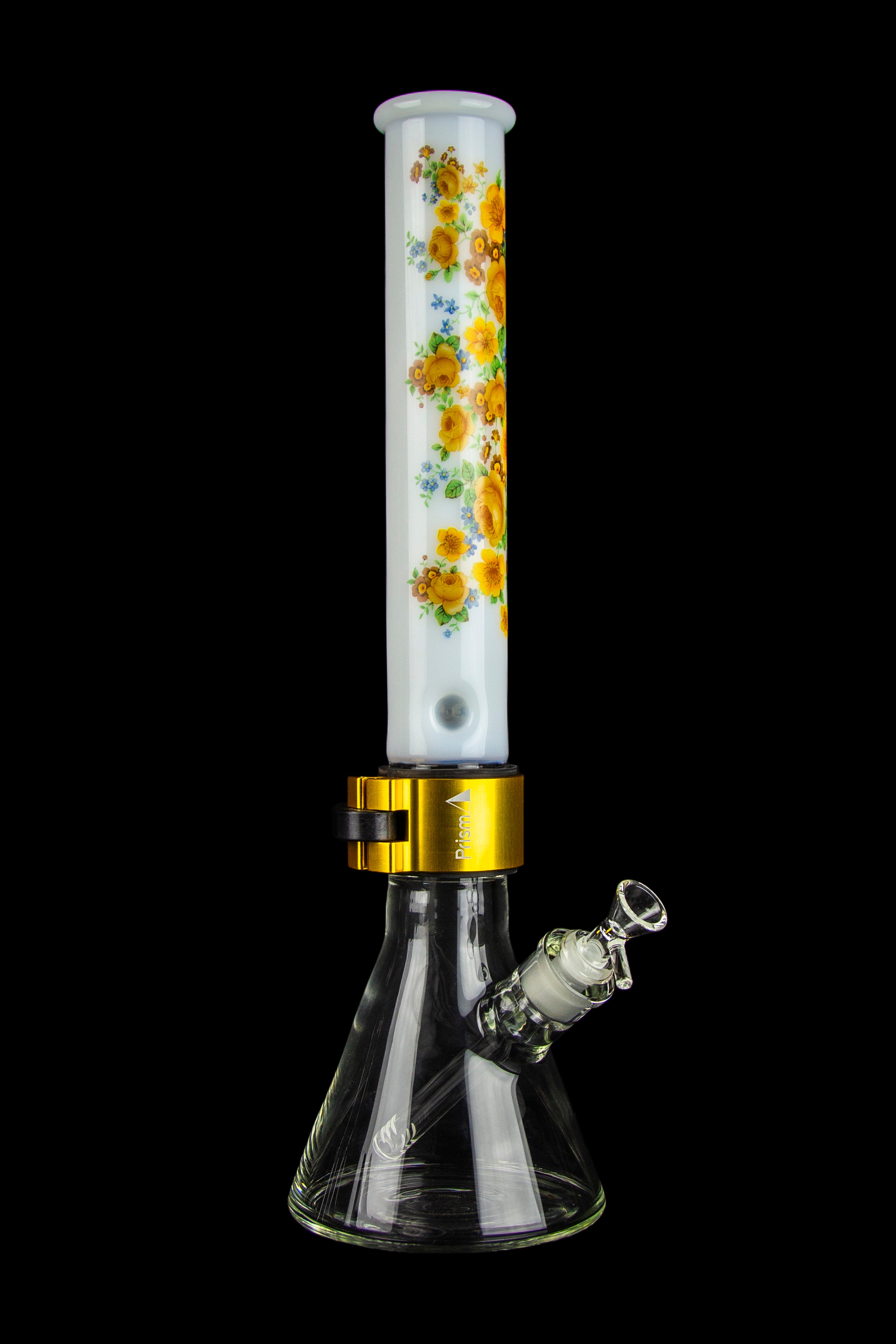 Floral patterned glass bong with ice catch and removable diffuser downstem.