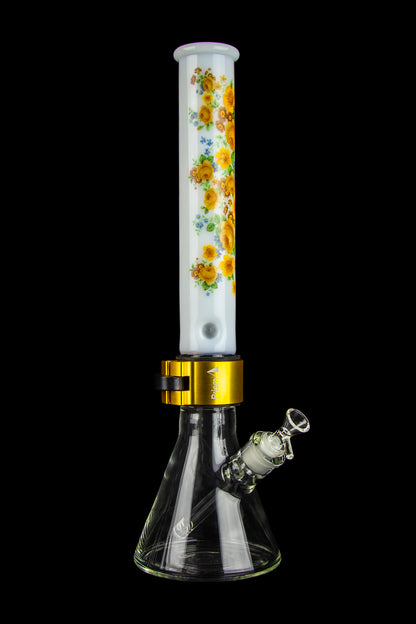 Floral patterned glass bong with ice catch and removable diffuser downstem.