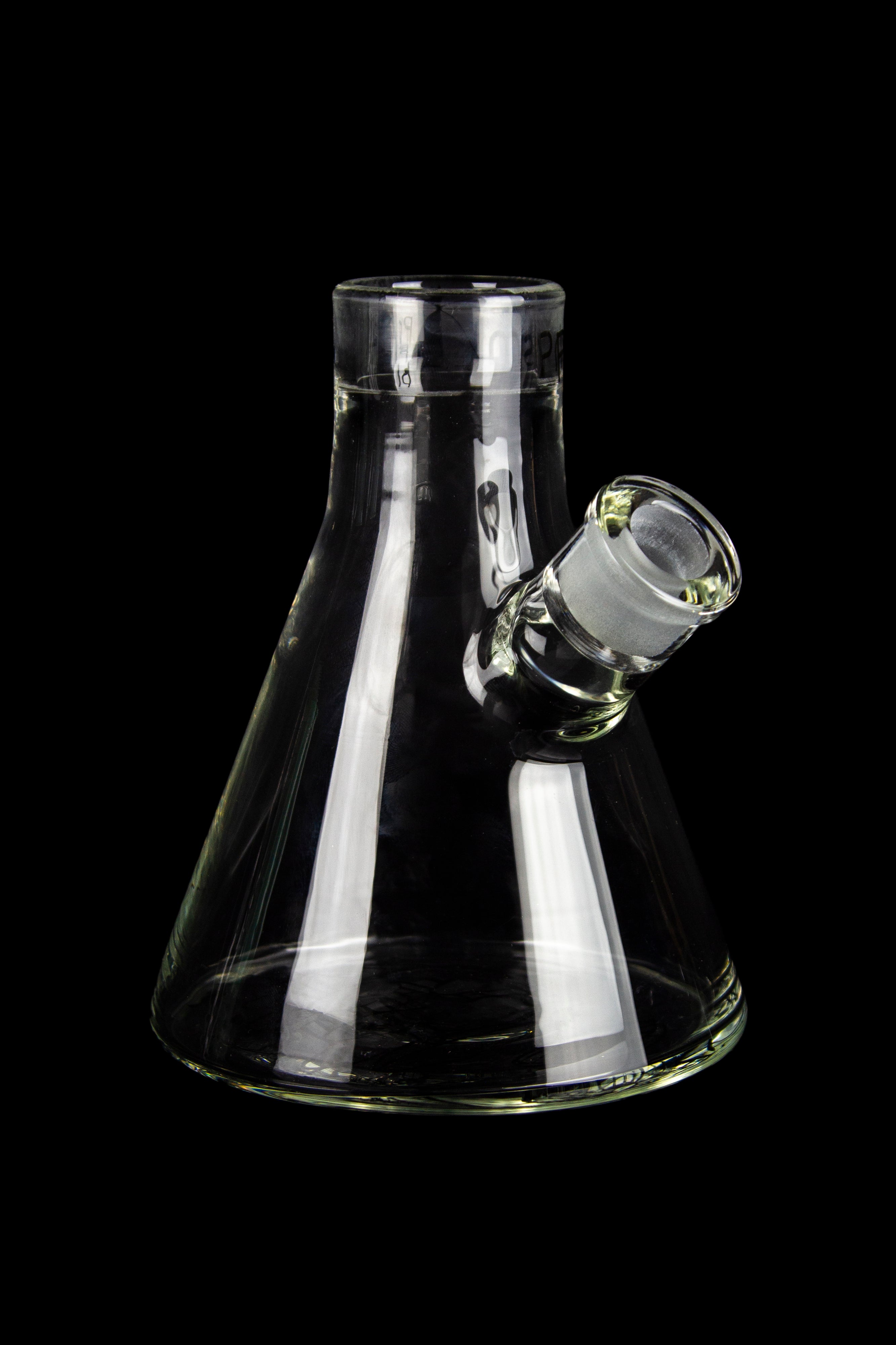 Clear glass beaker-style water pipe with a glass downstem, isolated on a black background.