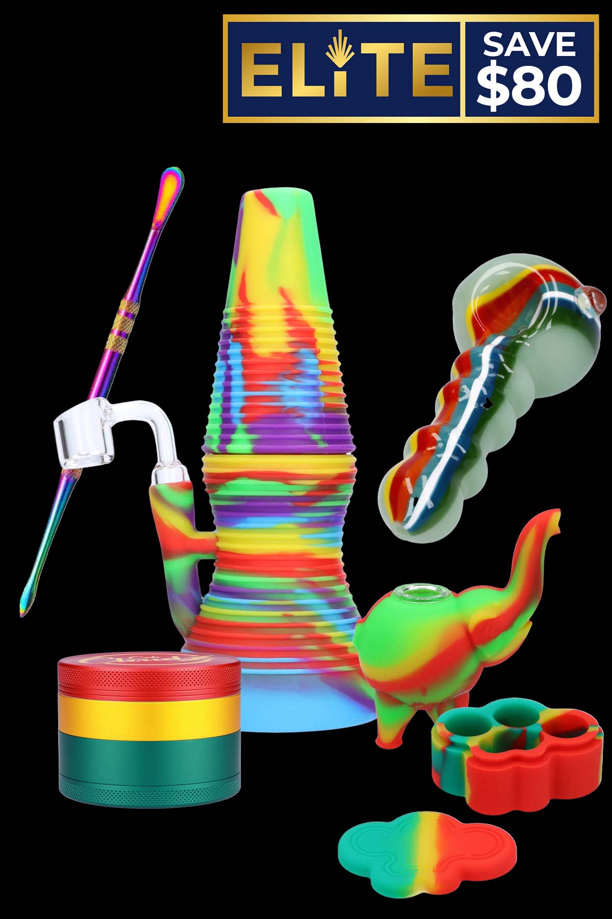 Colorful silicone cannabis rig set with dab tool, grinder, carb cap, and storage container, advertised with a "$80" savings.
