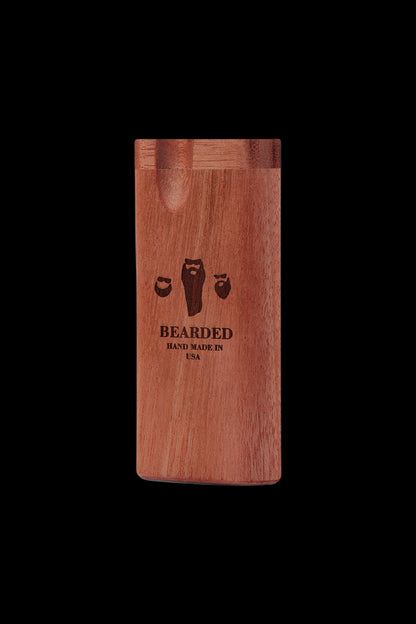 Wooden cannabis storage box with a beard-themed logo, labeled "Bearded" and "Hand Made in USA."