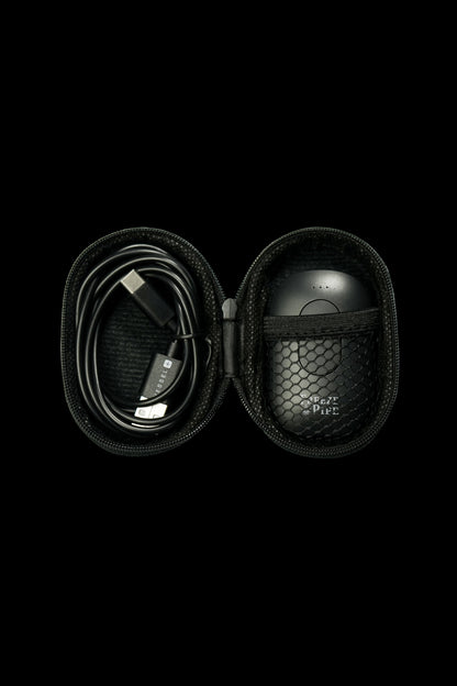Open black carrying case with a cannabis vaporizer and charging cable inside.