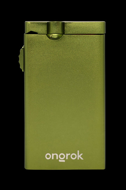 Olive green one-hitter pipe with “onorok” branding.