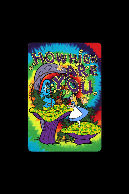 Psychedelic illustration of Alice in Wonderland with cannabis leaf foliage and the text "How High Are You."