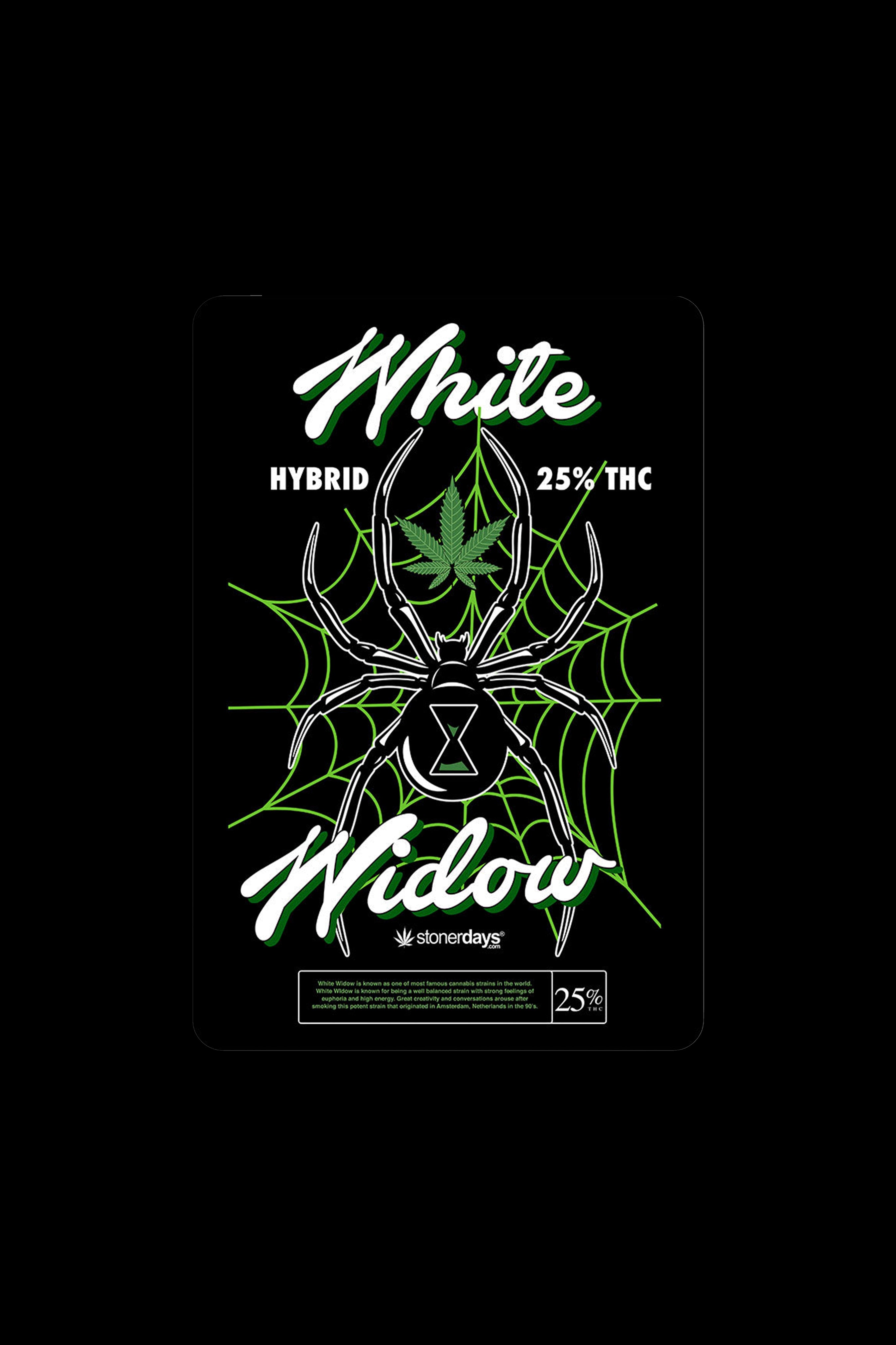 Black card displaying a green spiderweb design with the text "White Widow Hybrid 25% THC" and "stonerdays" logo.