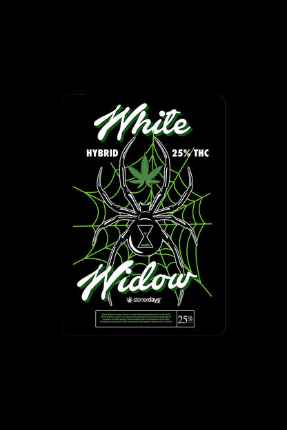 Black card displaying a green spiderweb design with the text "White Widow Hybrid 25% THC" and "stonerdays" logo.