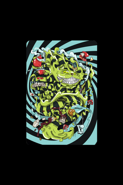A vibrant, psychedelic illustration of a green, leafy monster surrounded by cannabis-related imagery like pipes, mushrooms, and playing cards, with "stonerdays" branded across its center.