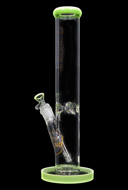 Green-accented glass bong with intricate bubble detailing.