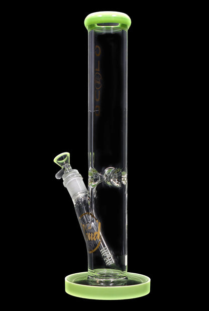 Green glass bong with ice catch and detachable downstem.