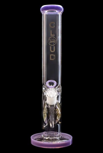 Purple and clear glass bong with intricate percolator details.