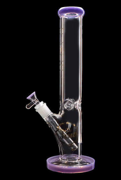 Clear glass water pipe (bong) with purple accents, studio shot on a black background.