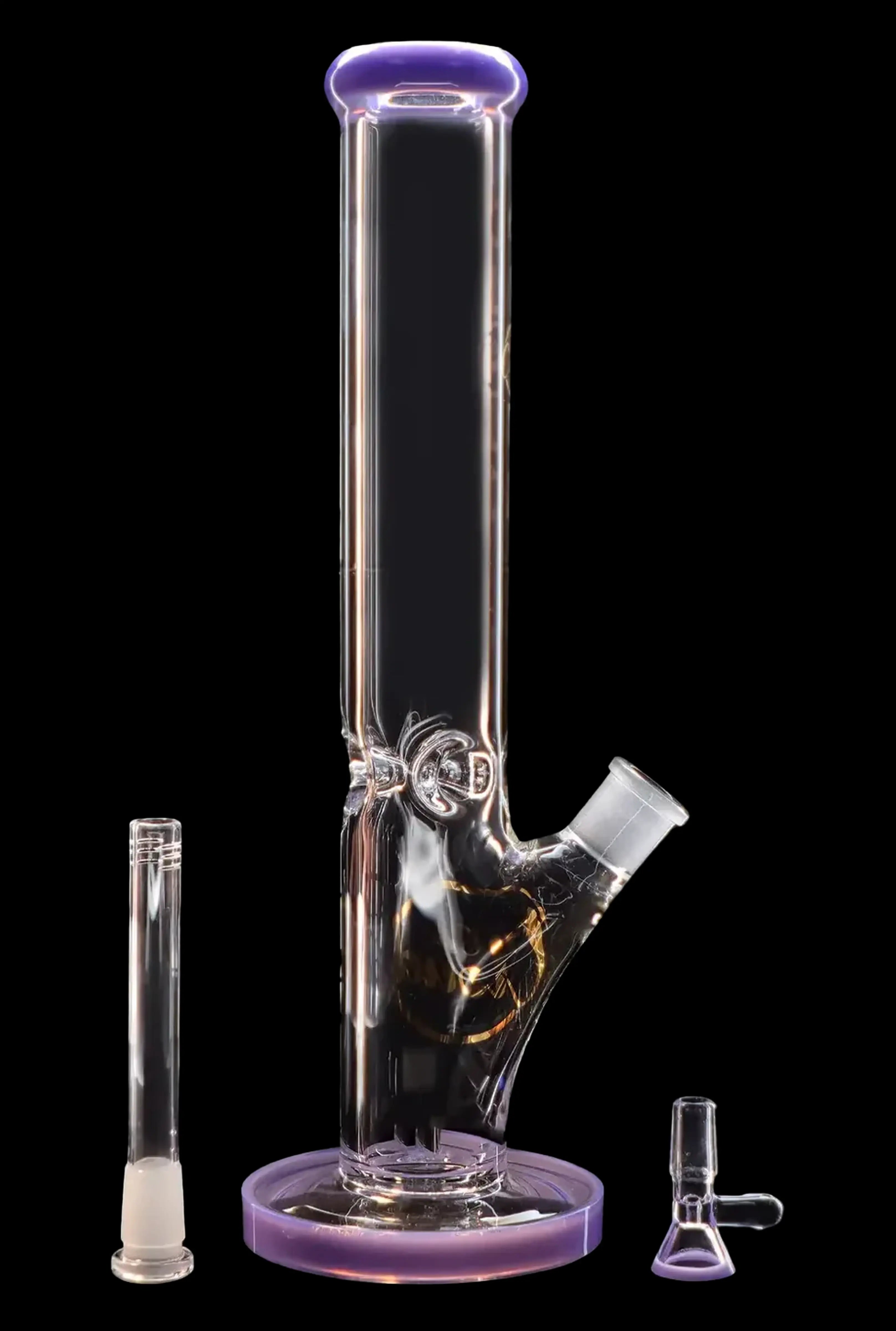 Clear glass bong with purple accents, alongside a downstem and ash catcher.