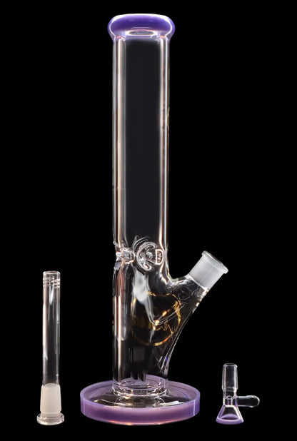Clear glass bong with purple accents, alongside a downstem and ash catcher.
