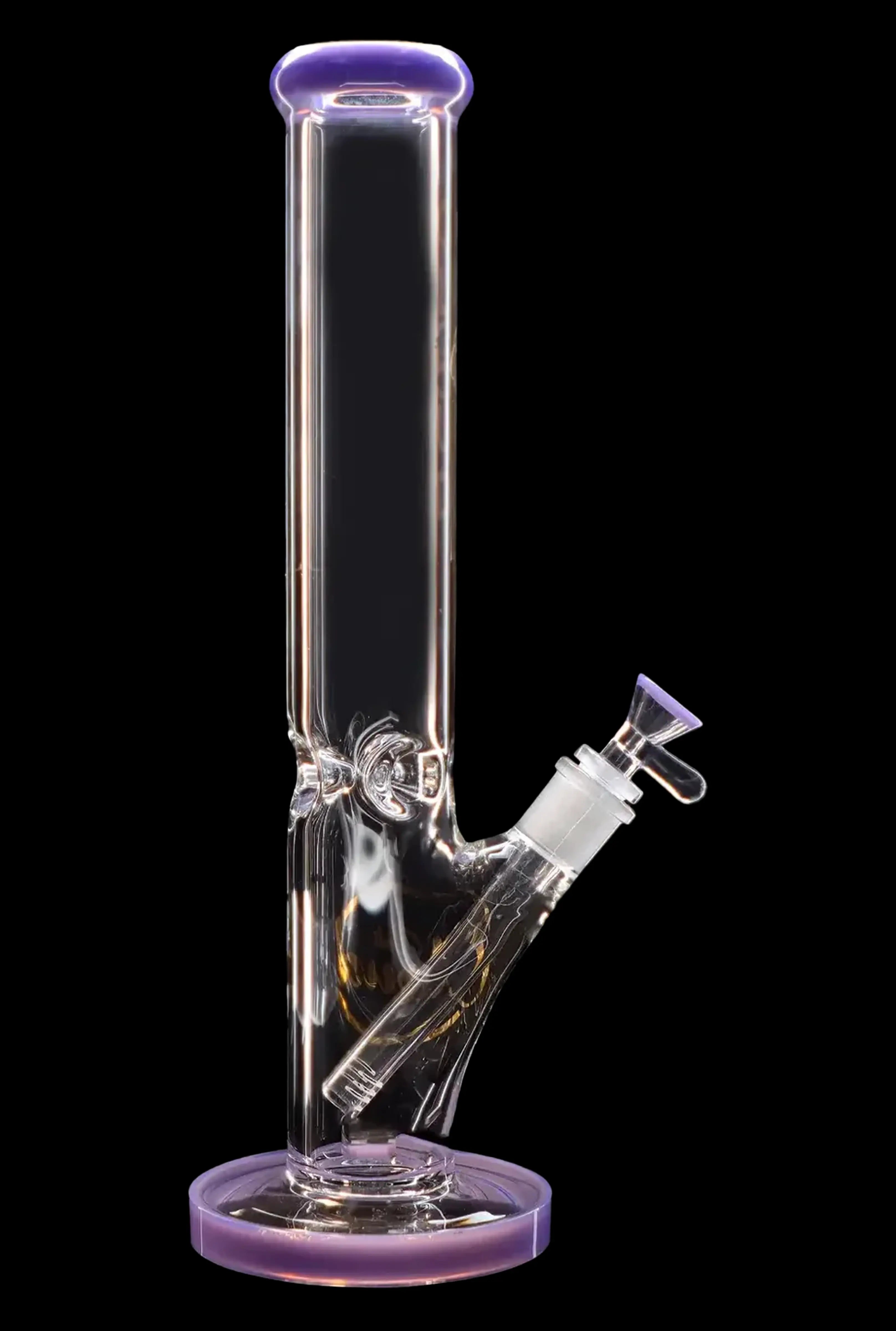 Purple-tinted glass bong with ice catcher, isolated on black.