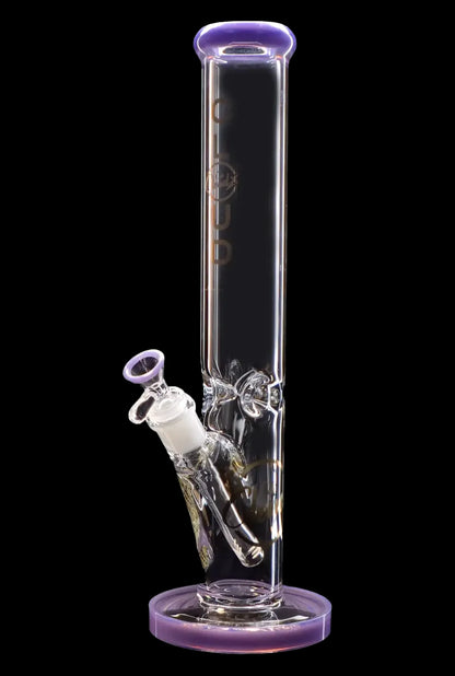 A clear glass bong with purple accents and intricate percolator details, isolated on a black background.