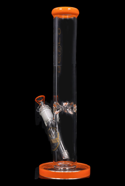 Orange glass water pipe (bong) with intricate glasswork.