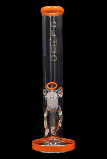 Orange glass bong with intricate internal percolator.