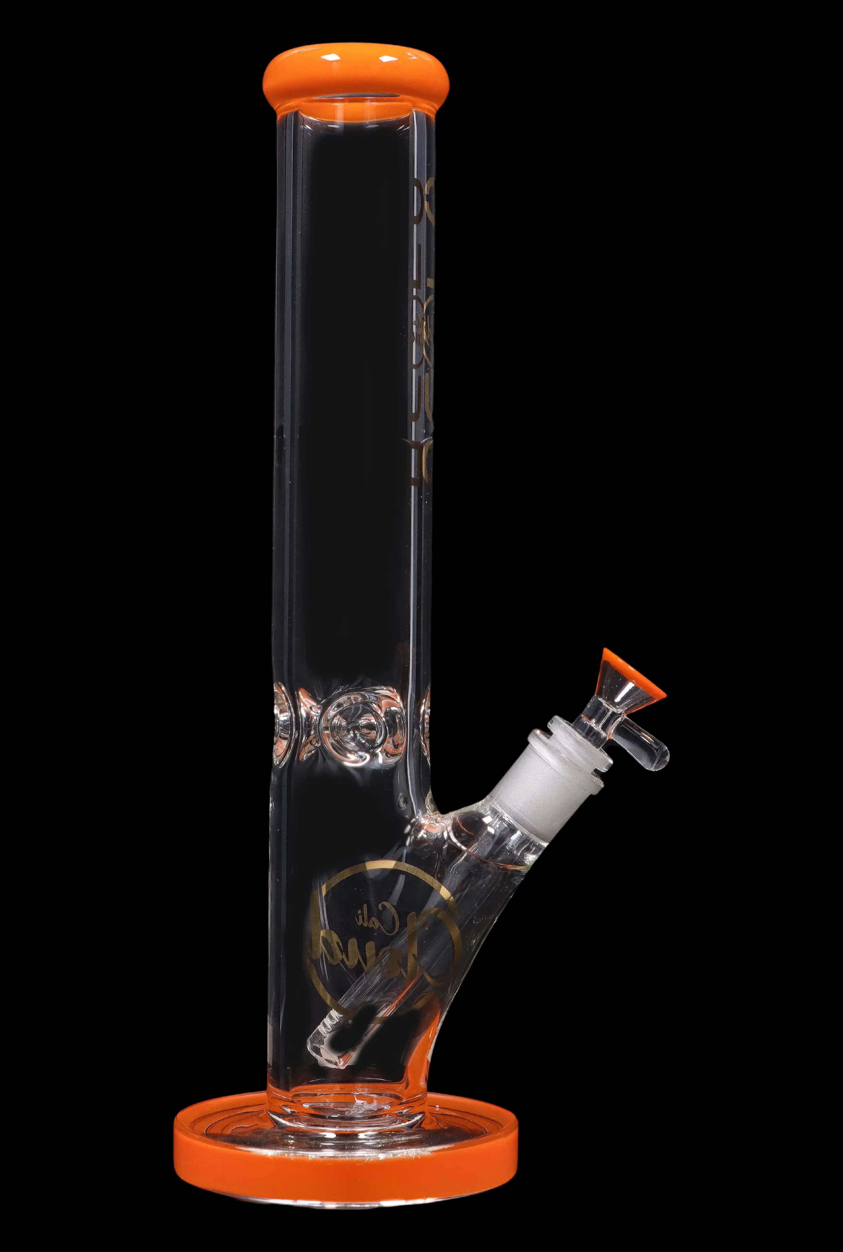 Orange glass bong with intricate design and visible water level.