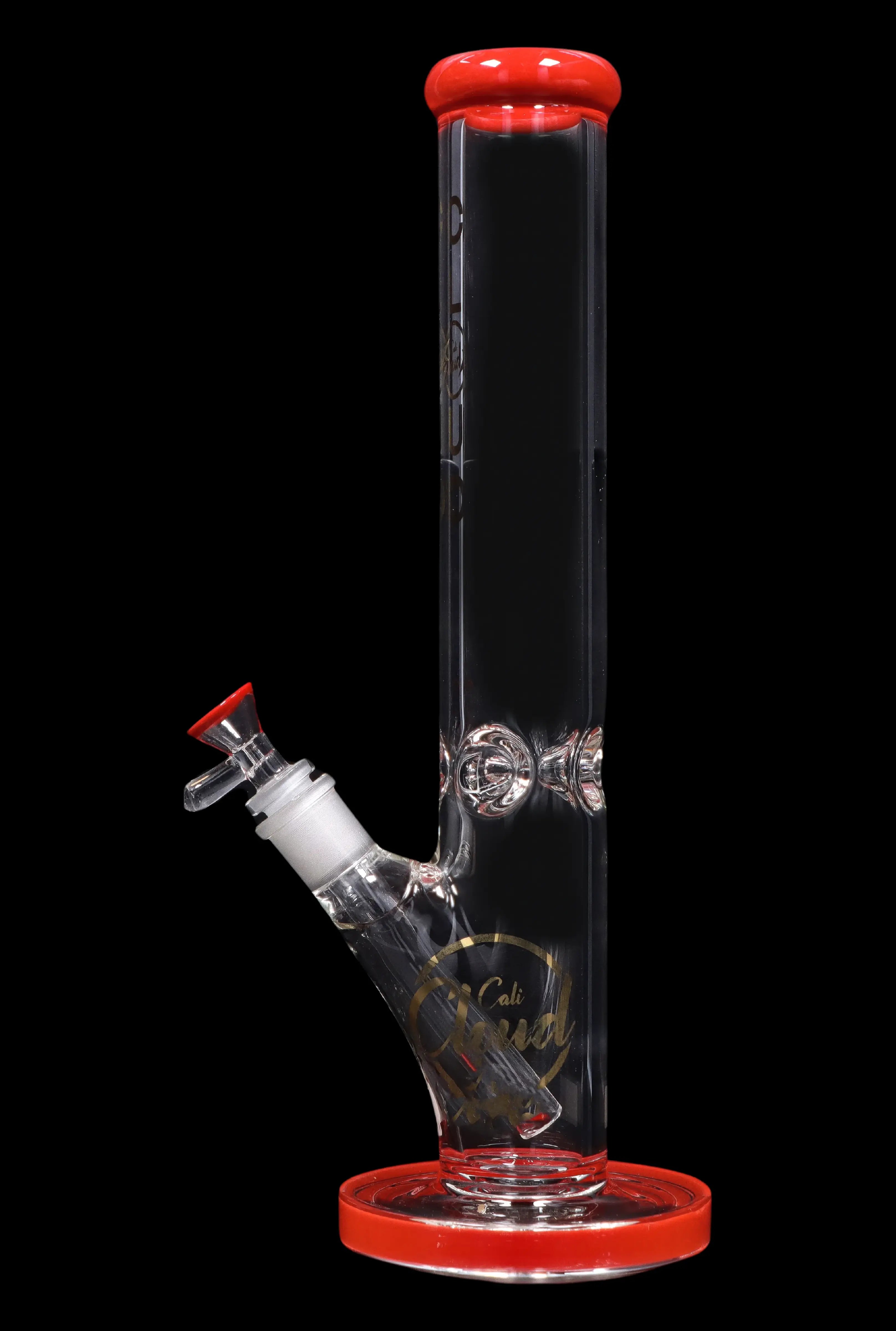 Red glass water pipe (bong) with ice pinches and a removable downstem.