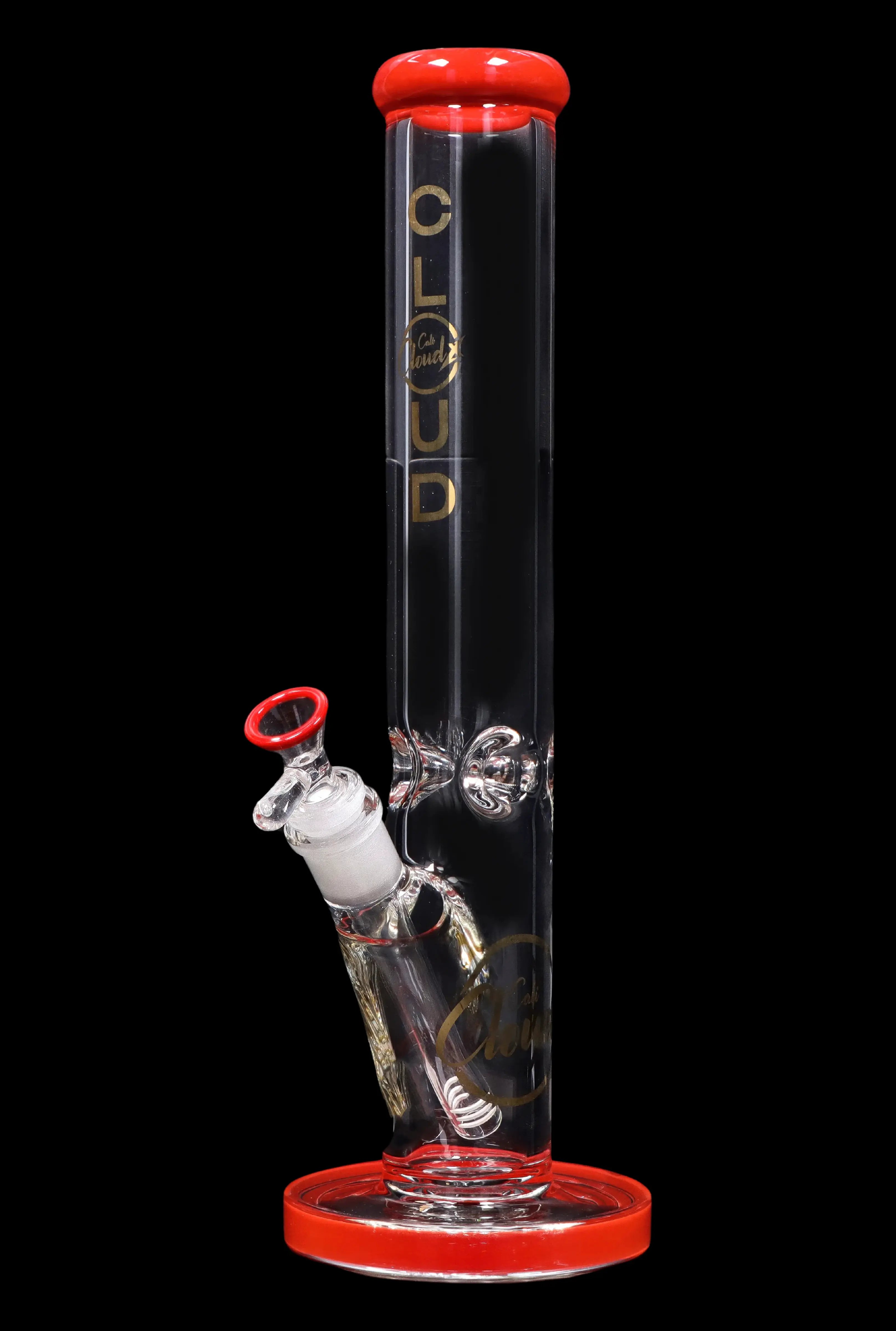 Red and clear glass water pipe (bong) with intricate glasswork and a visible liquid chamber.