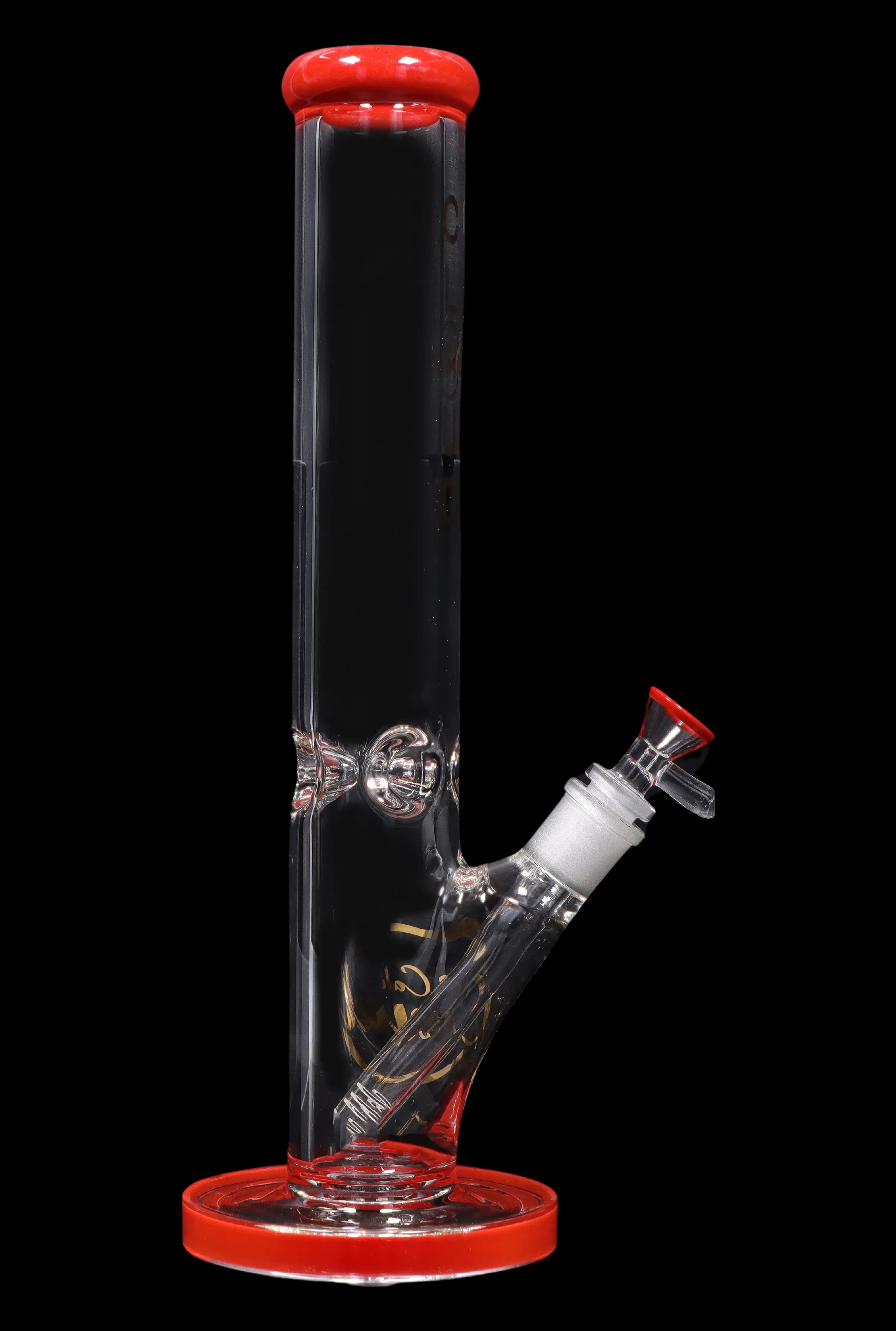 Red-accented glass water pipe (bong) for cannabis use.