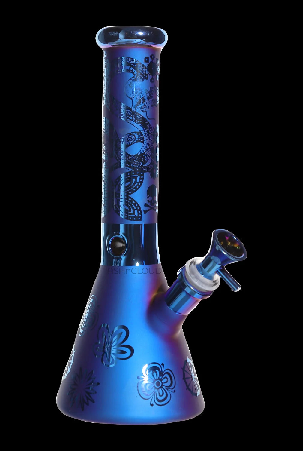 Front three-quarter view of the Smoke Cartel Electro Plated Beaker Bong - 10 in., showing its iridescent blue finish and floral and snake motifs on a black background