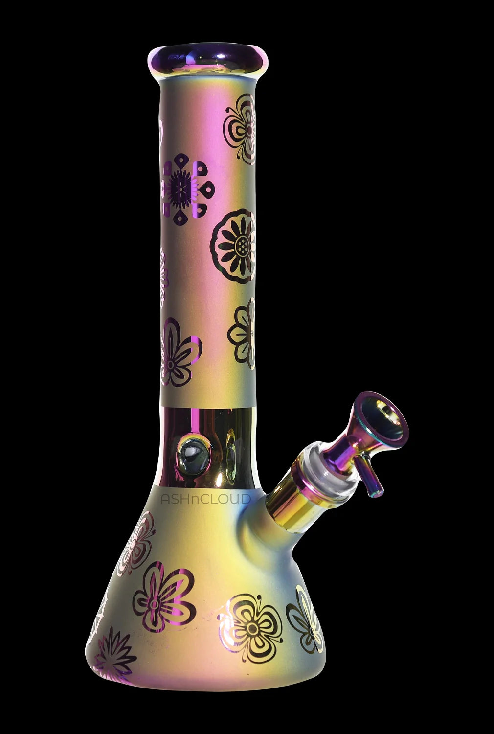Vertical front view of the Smoke Cartel Electro Plated Beaker Bong - 10 in. with iridescent rainbow finish and black floral decals against a black background