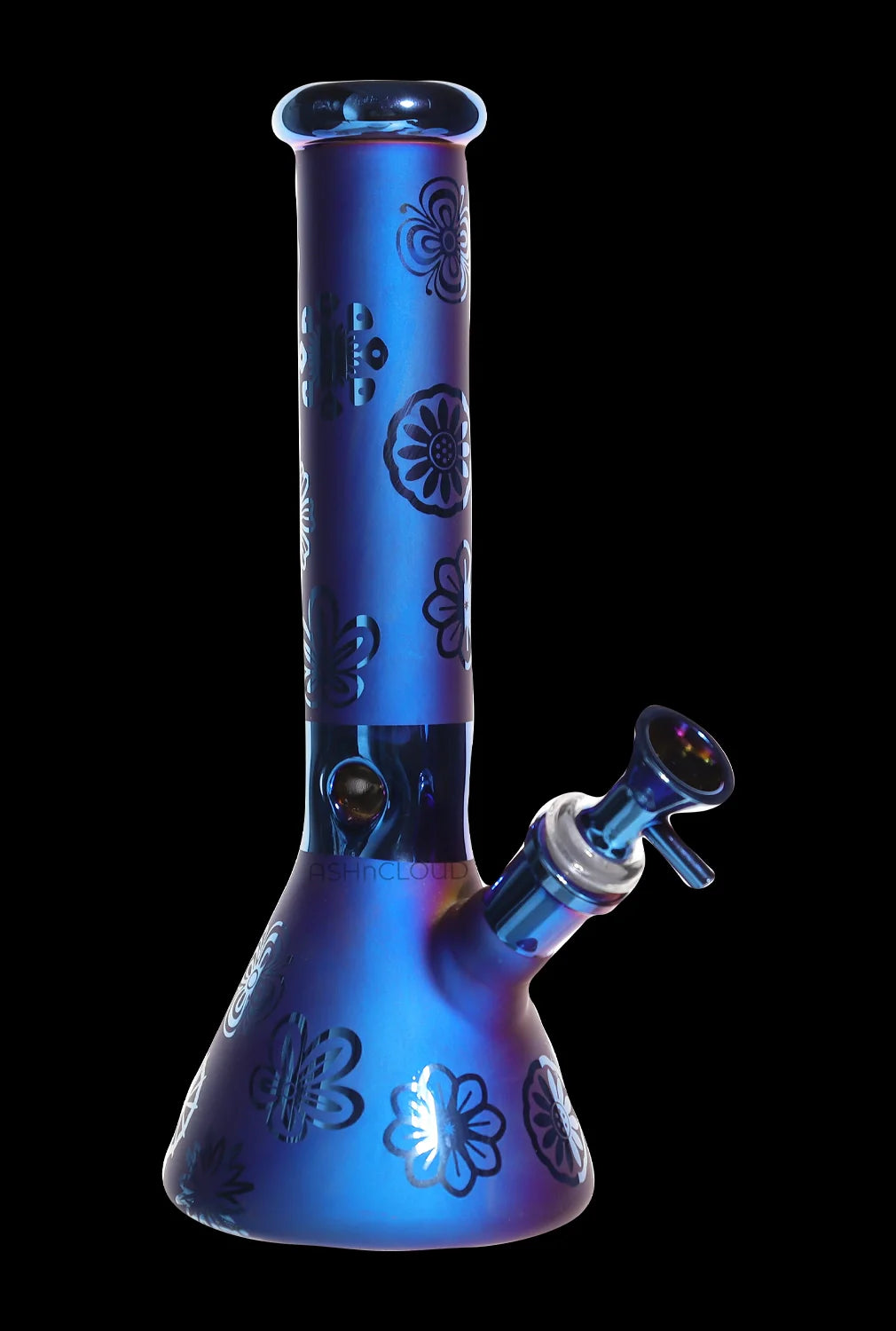 Close-up front view of the Smoke Cartel Electro Plated Beaker Bong - 10 in., showing its iridescent blue-purple finish and floral decals against a black background