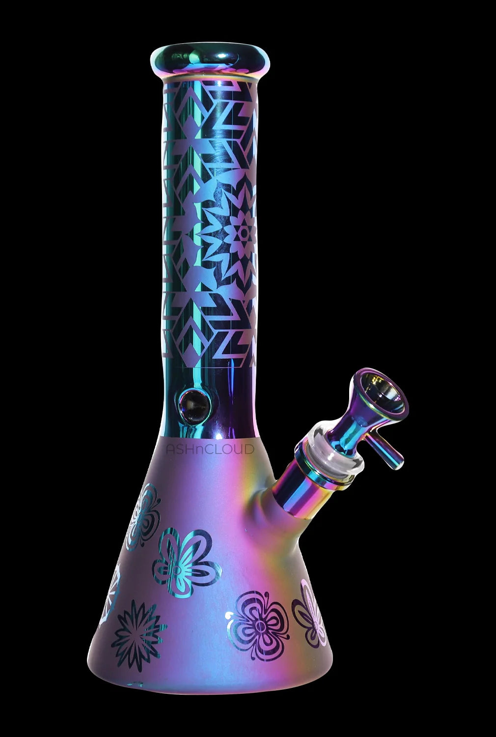 Close-up front view of the Smoke Cartel Electro Plated Beaker Bong - 10 in. showing iridescent rainbow finish and floral and geometric etchings.