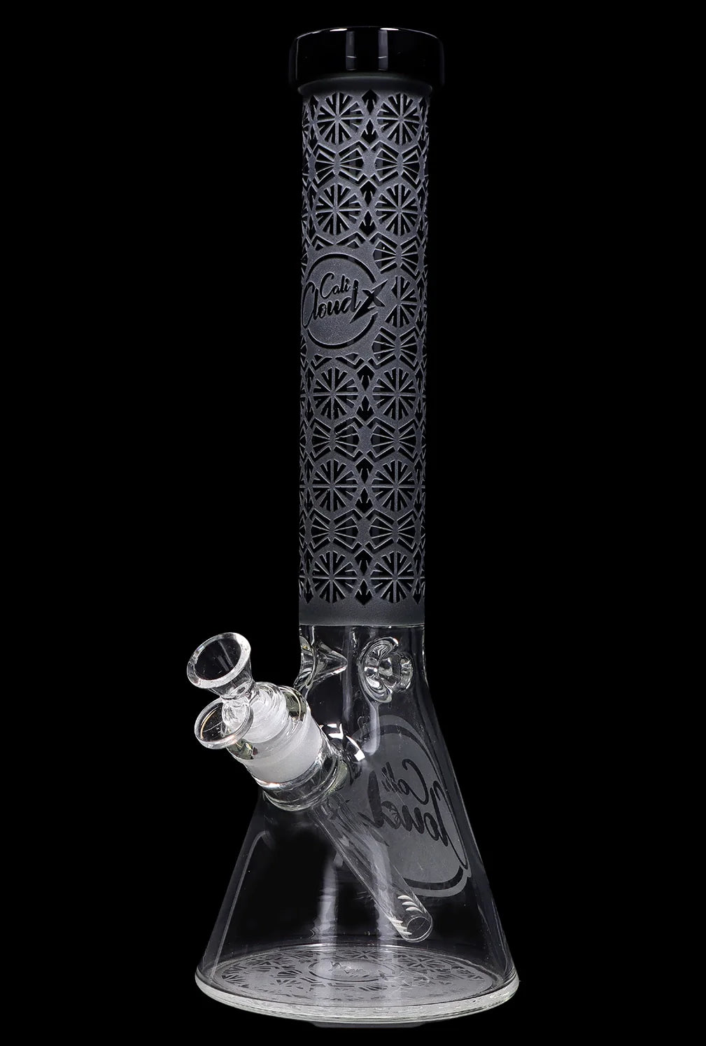 A glass bong with a flared base, patterned black neck, and clear glass throughout.