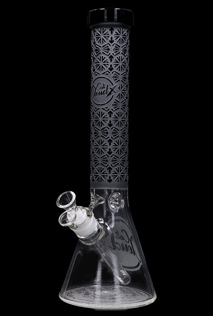 A glass bong with a flared base, patterned black neck, and clear glass throughout.