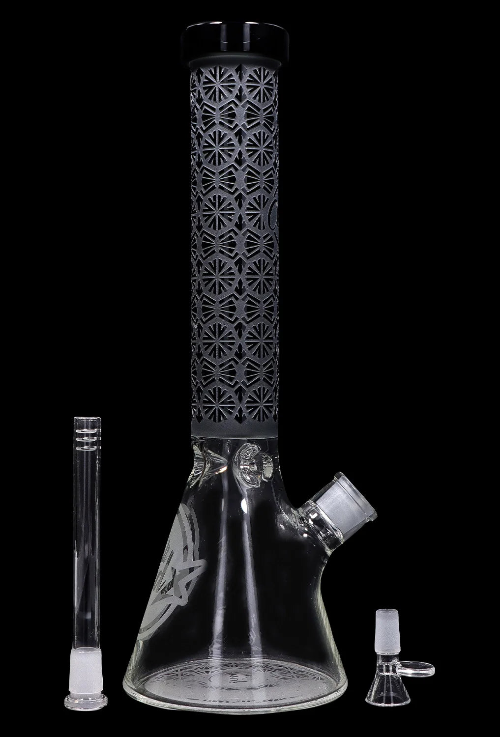 A front view of the 15-inch Cloud Cali X Engraved Thick Base Beaker Water Pipe, showcasing its etched design against a black backdrop.