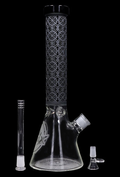 A front view of the 15-inch Cloud Cali X Engraved Thick Base Beaker Water Pipe, showcasing its etched design against a black backdrop.