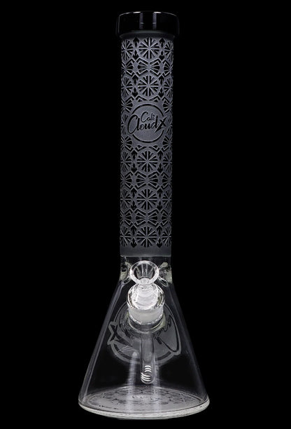 Front view of the Cloud Cali X 15-inch Engraved Thick Base Beaker Water Pipe, showcasing its detailed engraving and clear glass construction.